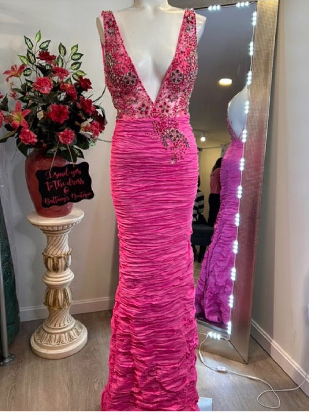 Jovani Hot Pink Beaded Plunging Ruched Prom Gown